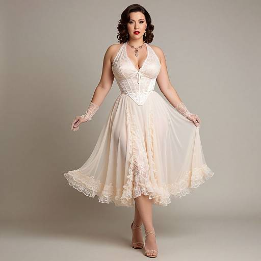 Photograph of a curvy woman with pale skin, dark wavy hair, and red lipstick, wearing a white lace vintage dress, matching gloves,