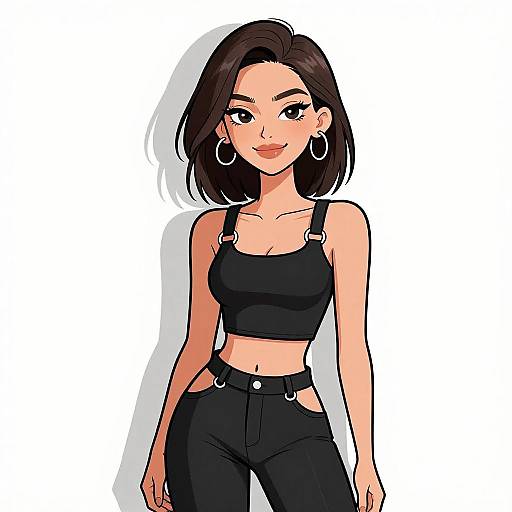 Digital anime-style drawing of a smiling young woman with medium-length black hair, wearing a black crop top and high-waisted black pants with silver rings