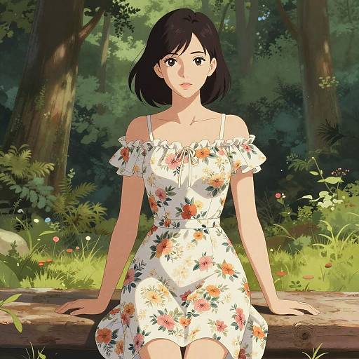 Digital anime-style drawing of a fair-skinned woman with short black hair, wearing a floral off-shoulder dress, sitting on a log in a