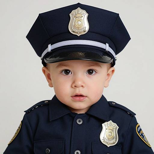 Photograph of a young Asian boy with fair skin, wearing a black police uniform with gold badges, black cap, and white stripe, against a plain