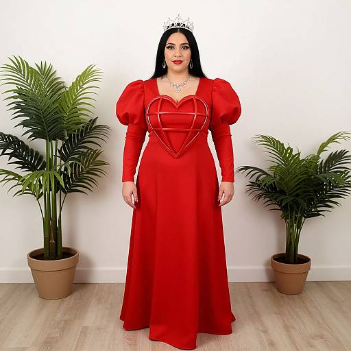 Photograph of a Latina woman with long black hair, wearing a red, heart-shaped bodice gown, puffed sleeves, crown, and necklace,