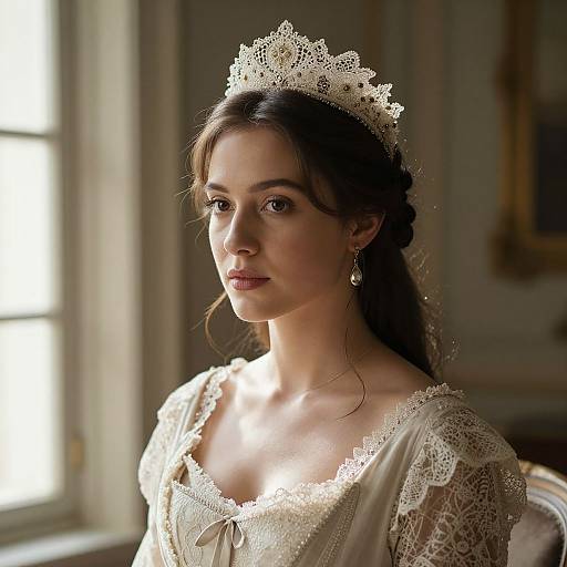 Photograph of a young woman with fair skin, brown hair in a loose updo, wearing a delicate white lace tiara and dress, standing in