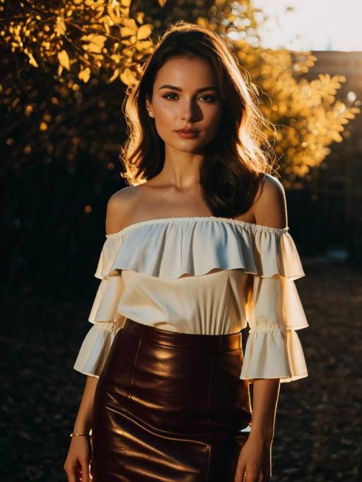 Young Woman in Ivory Off-Shoulder Blouse and Burgundy Leather Skirt
