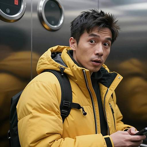 Surprised Man in Yellow Puffy Jacket
