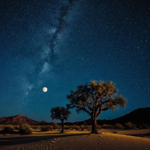 Milky Way and Full Moon over Desert Trees