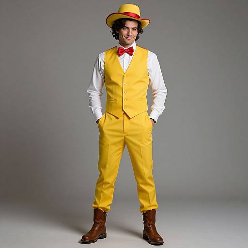 Photograph of a smiling man with curly black hair, wearing a yellow vest, pants, bow tie, white shirt, brown boots, and yellow hat