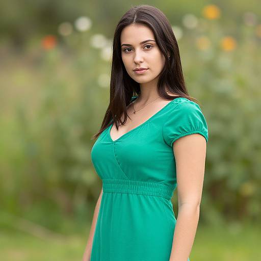 Photograph of a young woman with long black hair, wearing a green V-neck dress, standing in a blurred, green, garden background.