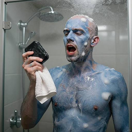Blue-Skinned Man in Shower Scene
