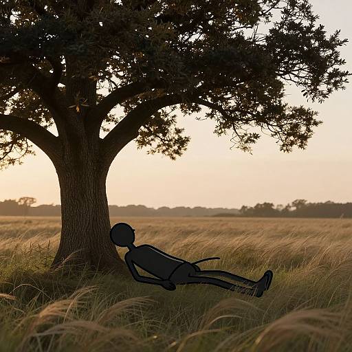 Silhouette of a human figure lounging against a tree in a sunlit grassy field at sunset, with a warm, golden sky.