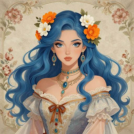 Digital artwork of a beautiful woman with long blue hair, wearing an off-shoulder lace dress, adorned with orange and white flowers, and intricate jewelry
