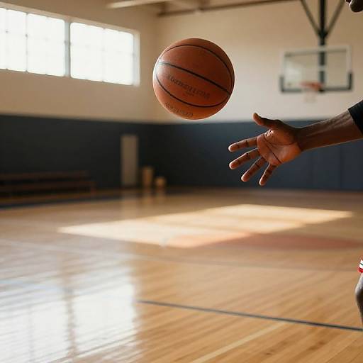 Photograph of a dark-skinned male's hand mid-dribble, orange Spalding basketball, indoor gym with wooden floor, blue walls,