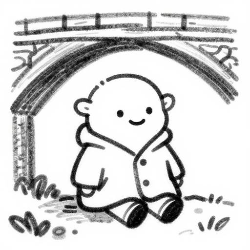 Black-and-white sketch of a smiling, round-headed bear in a hoodie, sitting under a brick archway with grass below.