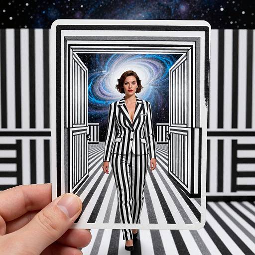 Photograph of a woman in black-and-white striped suit, standing in a surreal, geometric hallway with a galaxy backdrop, held by a hand.