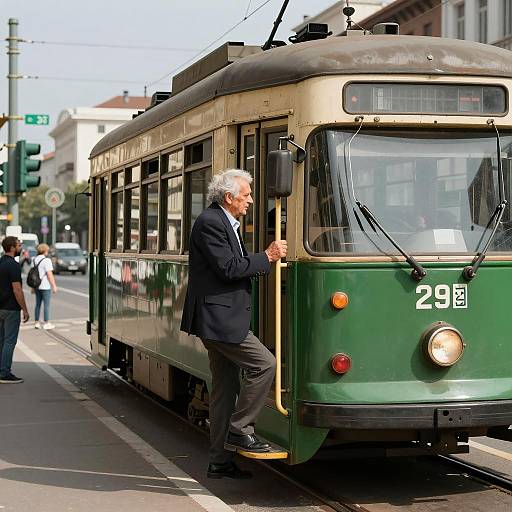 Vintage Tram Scene with Urban Backdrop