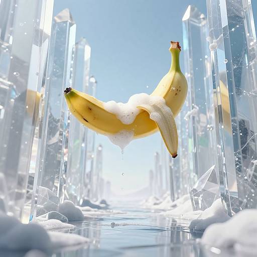 Photorealistic CGI of a banana mid-split, suspended in a bright, icy crystal corridor with reflective surfaces and scattered white snow.