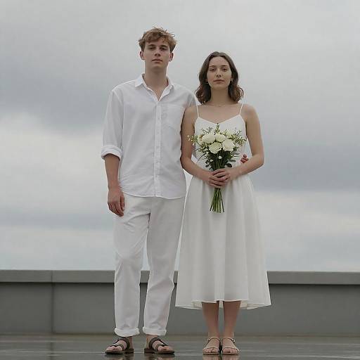 Couple in White Standing Together with Bouquet