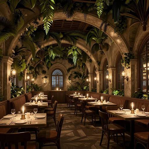 Photograph of a dimly-lit, elegant restaurant with arched ceilings, lush greenery, warm candlelight, and neatly set tables. Rich