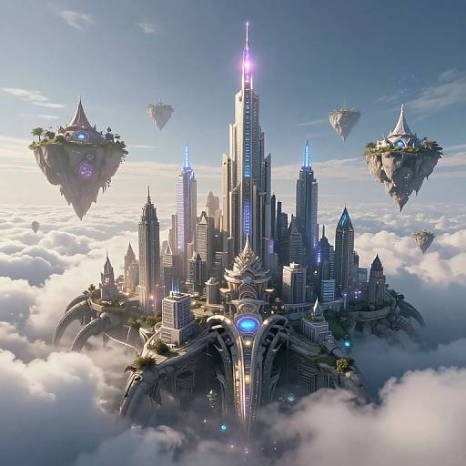 CGI fantasy image of a futuristic city floating among clouds, with towering skyscrapers, glowing blue lights, and floating islands.