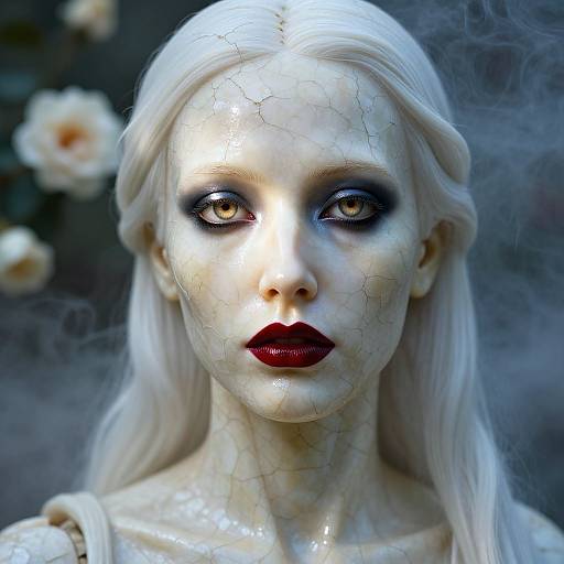 Digital art of a pale, cracked porcelain doll with long white hair, dark red lips, and glowing yellow eyes, set against a blurred floral background.