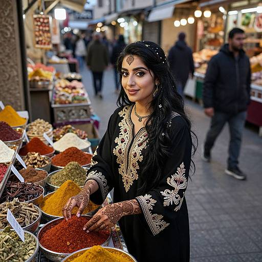 Photograph of a South Asian woman in a black embroidered kurti, adorned with henna, selling spices at a bustling market stall.
