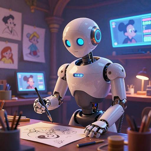 CGI image of a white robotic figure with glowing blue eyes, drawing on a tablet in a dimly lit, cluttered art room.