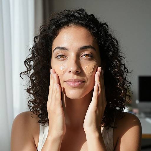Photograph of a curly-haired woman with tan skin, light brown eyes, and natural makeup, gently touching her cheeks, wearing a white tank top,