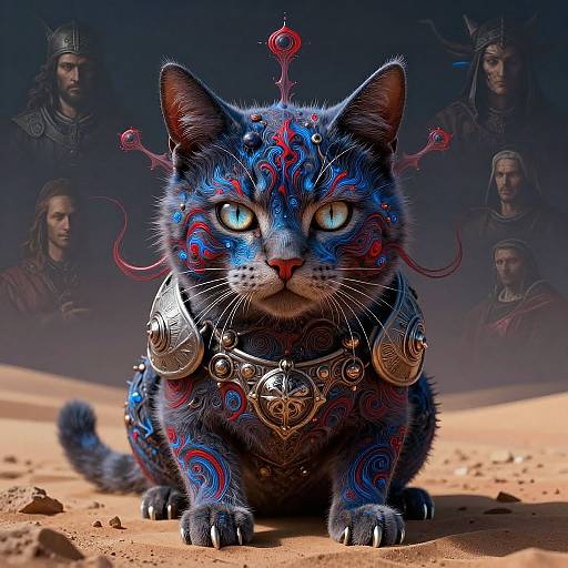 Digital art: Blue, glowing-eyed cat adorned with ornate silver armor and red tribal markings, standing in a desert with four shadowy, helmeted