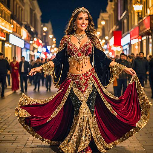 Majestic Belly Dancer in Ornate Gold and Red Costume