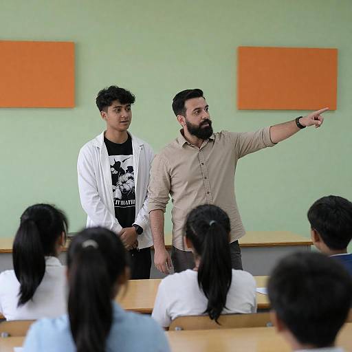 Bearded Teacher Pointing in Classroom