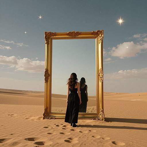 Photograph of a woman with long hair in a black dress standing in a desert, facing an oversized golden ornate mirror reflecting her image under a star