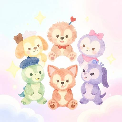 Watercolor illustration of six adorable, pastel-colored, cartoon puppies with various accessories, arranged in a circle on a white background.