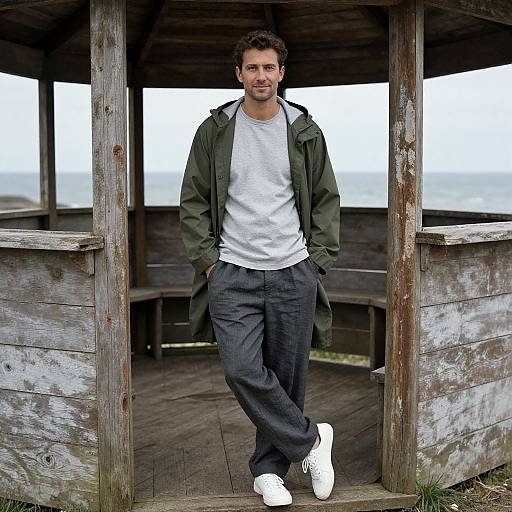 Photograph of a bearded man with curly hair, wearing a green jacket, white tee, dark pants, and white sneakers, standing in a rustic