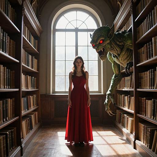 Photograph of a woman in a red dress standing in a library with tall bookshelves, illuminated by sunlight, facing a large, menacing green monster