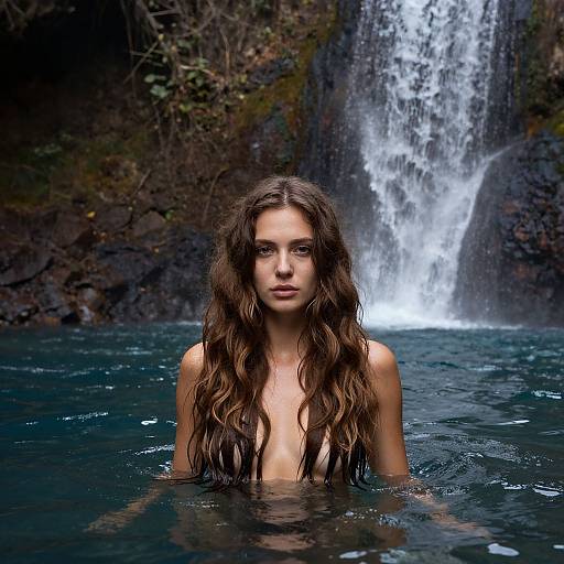 Photograph of a young woman with long, wet, brown hair standing in a dark blue, natural pool, with a waterfall behind her. She is