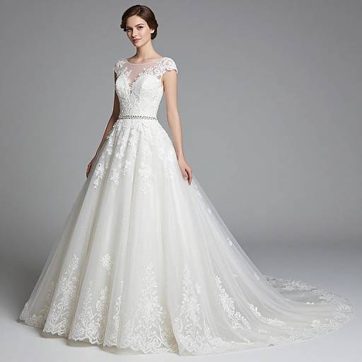 Photograph of a slender woman with short dark hair, wearing a white, lace-embellished, full-length wedding gown with a sheer bodice