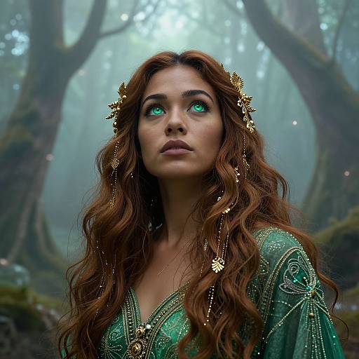 Fantasy CGI portrait of a young woman with long, wavy auburn hair, glowing green eyes, wearing a green, gold-embell