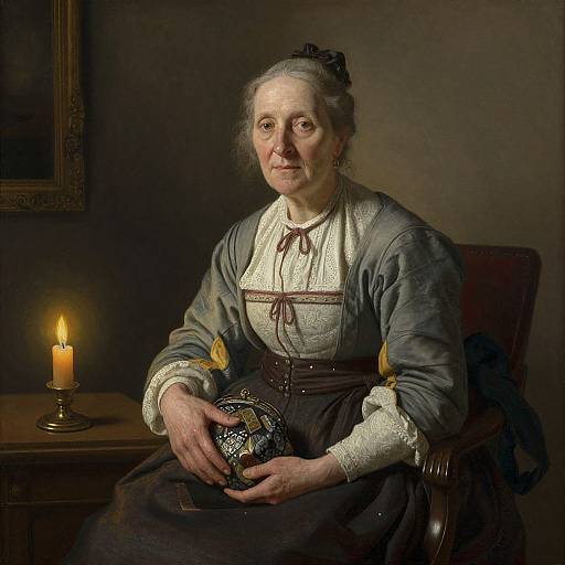 Photograph-style painting of an elderly woman in 18th-century attire, holding a patterned globe, seated by a lit candle. Dark, mo