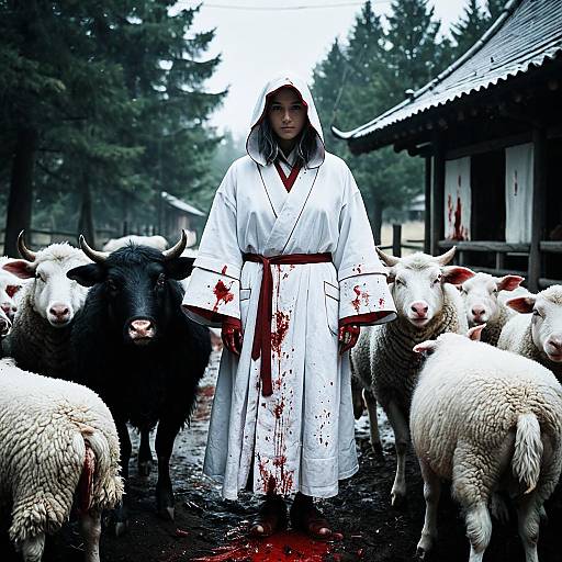 Druid in Bloodstained White Robe Among Farm Animals