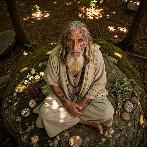 Photograph of an elderly, long-bearded man with tattoos, wearing beige robes, sitting on a moss-covered rock in a forest, surrounded by small