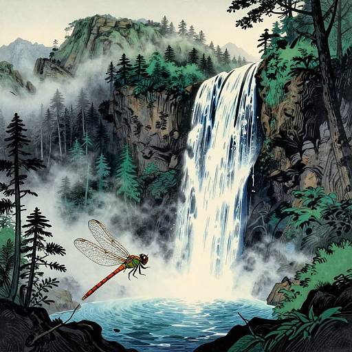 Digital illustration of a vibrant red dragonfly hovering by a misty, cascading waterfall in a lush, forested canyon.