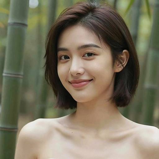 Photograph of a smiling young Asian woman with short black hair, light skin, and bare shoulders, standing in a bamboo forest.