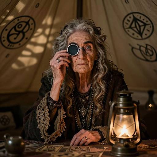 Photograph of an elderly woman with long, wavy gray hair, wearing glasses, a black, ornate dress, and rings, seated at a