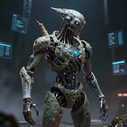 Photorealistic CGI of a cybernetic, humanoid alien with glowing blue eyes, metallic and organic textures, standing in a futuristic, dimly-l