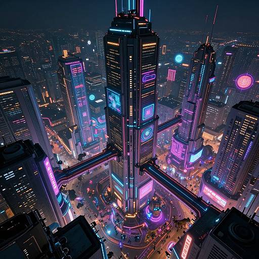 Aerial CGI of a neon-lit, futuristic cityscape with towering skyscrapers, vibrant purple, blue, and pink lights, and busy streets