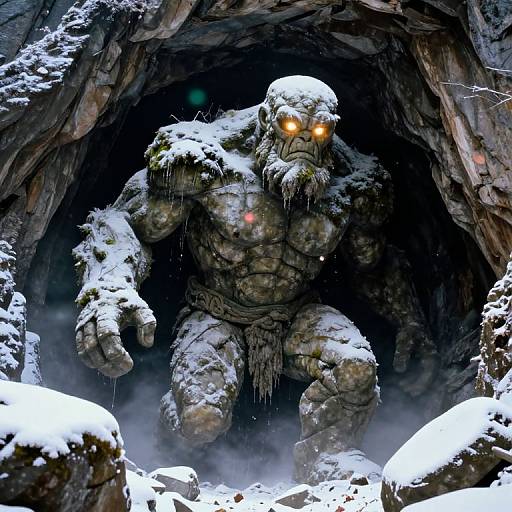 CGI image of a snow-covered, muscular, monstrous creature with glowing orange eyes and icicles hanging from its beard, emerging from a dark cave entrance
