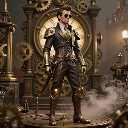 Steampunk-style man in black suit with gold armor, sunglasses, and sword standing on a gear platform, surrounded by clockwork machinery.