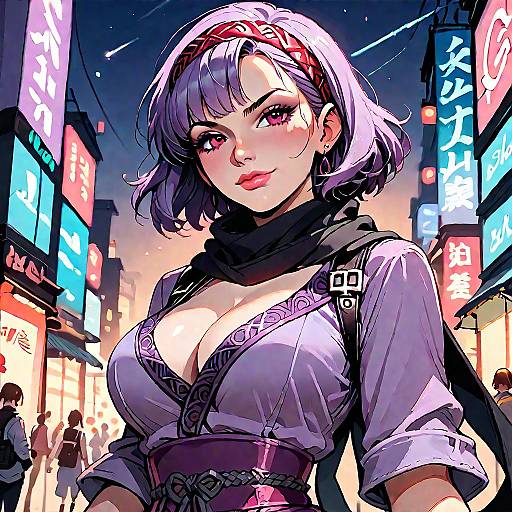 Anime Girl in Night Sky Cityscape