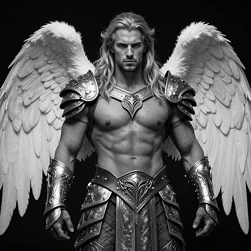Black-and-white digital artwork of a muscular, blonde, angelic warrior with large white wings, wearing detailed, shiny armor and staring intensely.