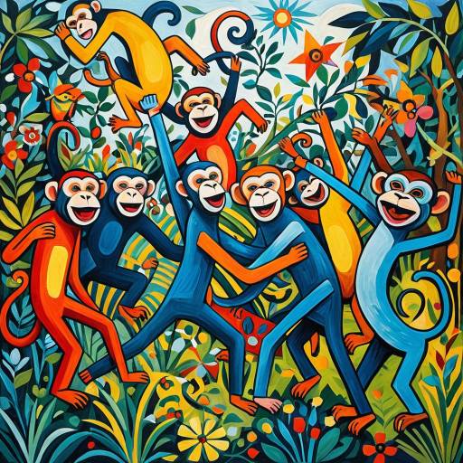 Picasso-Style Colorful Monkeys in a Garden