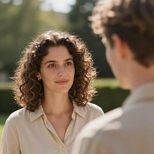 Woman with Curly Hair Smiling Outdoors